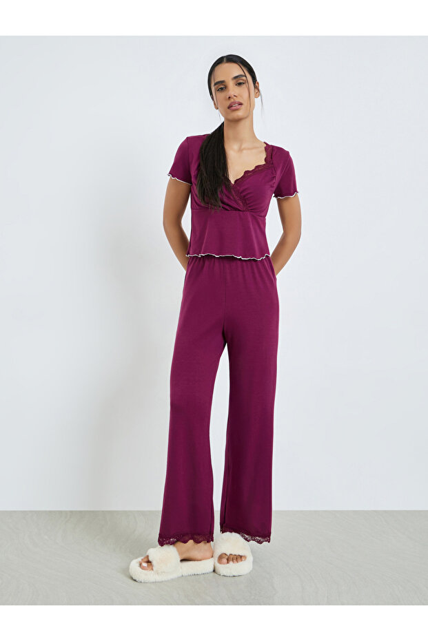 Burgundy Lace Trim Lettuce Hem Wrap Top and Pyjama Set