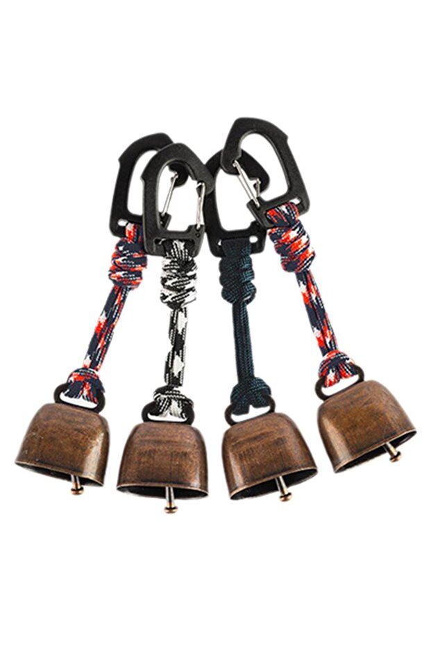 Random Tapered 4pcs Outdoor Bear Bell for Hiking Camping - Loud Cast Iron Cowbell with Hand Braided