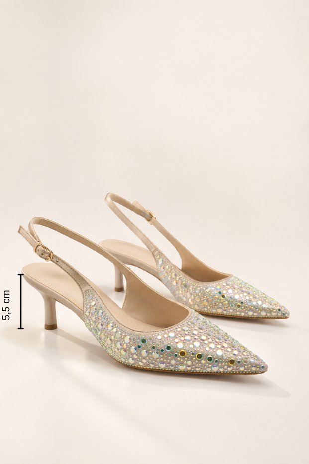 Women's Beige Satin Stone Pointed Toe 5.5 cm Heeled Stylish Slingback Evening Dress Shoes