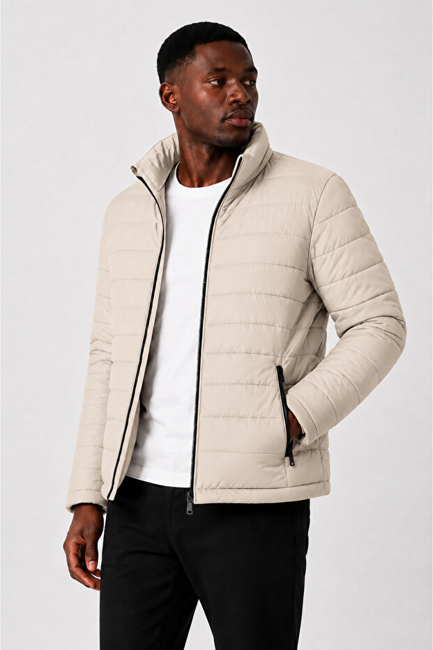 Men's Beige Lined Water-Repellent Windproof Quilted Fiber-Filled Stand Collar Puffer Coat