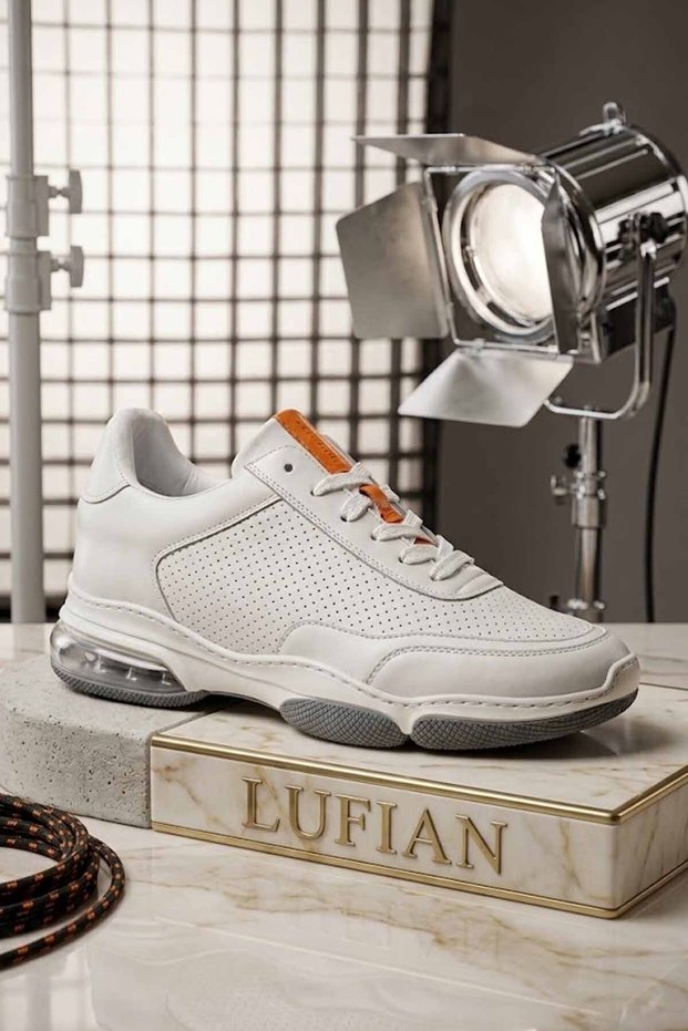 Men's White 100% Genuine Leather Sneaker - Air Cushioned Comfortable Casual Sports Shoes Lfn-5401