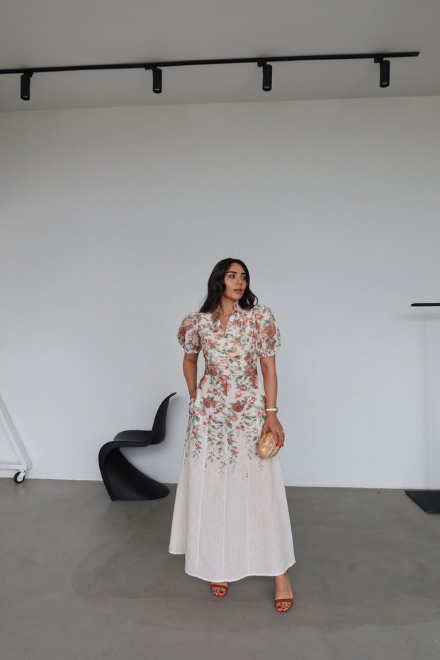 Floral Patterned Watermelon Sleeve Linen Dress