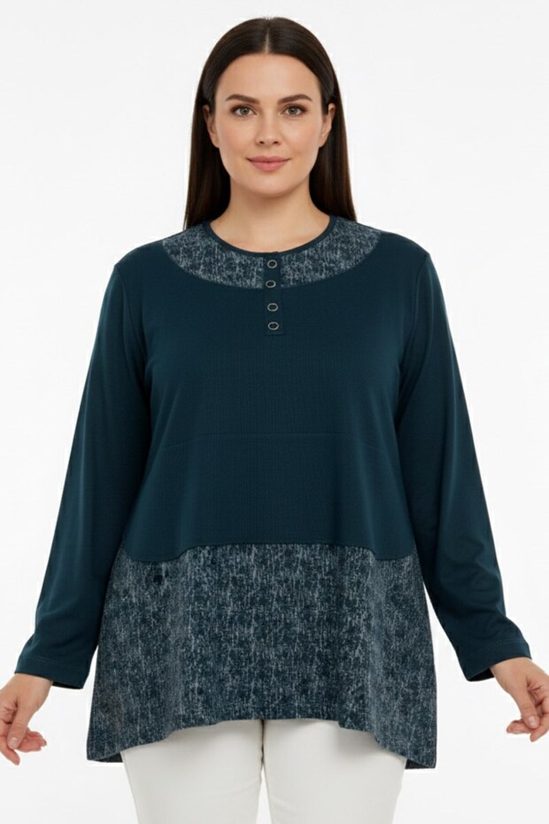 Women's Petrol Blue Buttoned Combed Cotton Blouse with Patterned Hem
