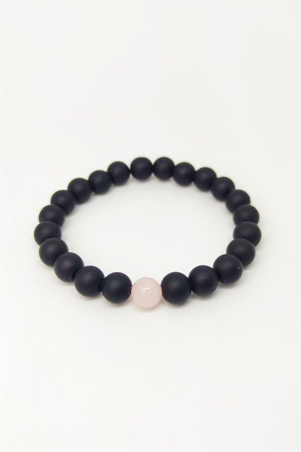 Unisex Black Matte Onyx Pink Quartz Single Stone Natural Stone Bracelet