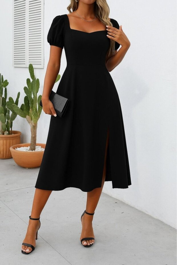 Women's Short Sleeve Square Neck Split Midi Janjan Crepe Dress