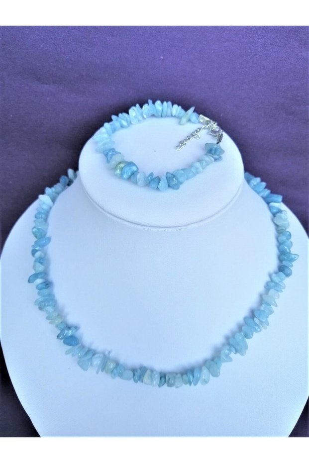 Aquamarine Necklace Bracelet Set - Natural Stone Jewelry - Real Aquamarine Broken Natural Stone