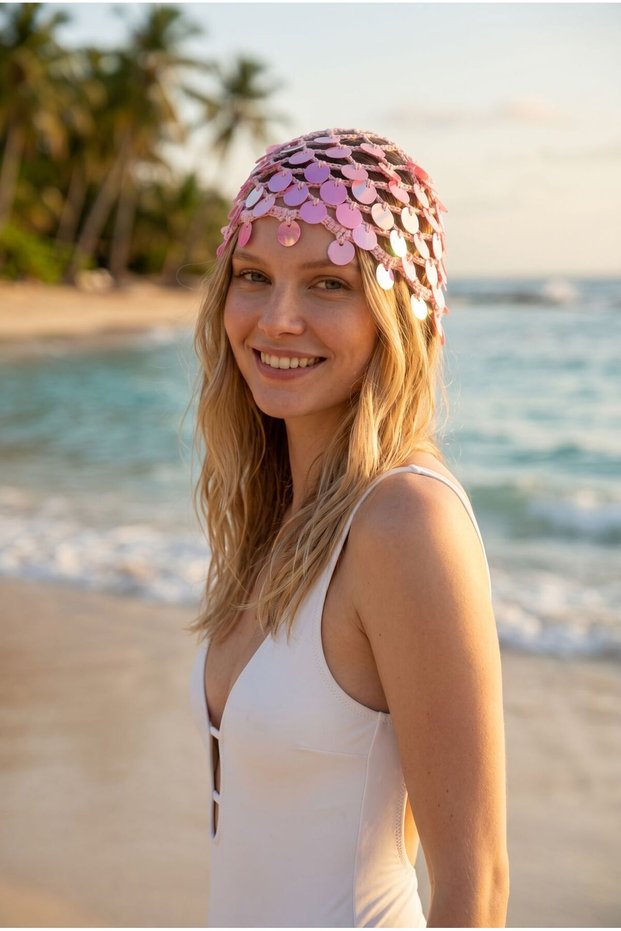 Gosessa Women's Hand-Knitted Starry Bohemian Bandana - Mesh Knitted Beach Hair Accessory - Pink Full Sequin