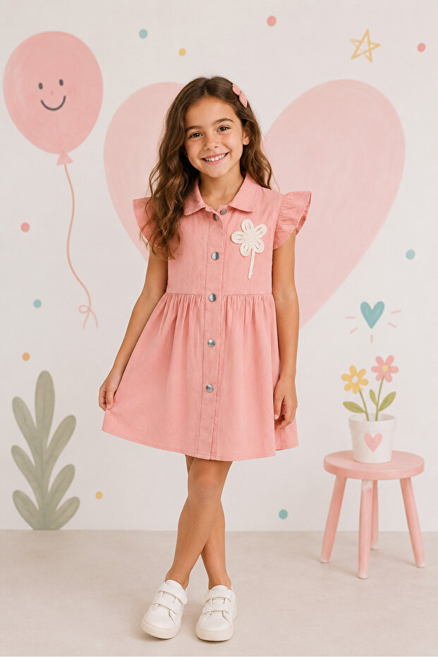 Girl's Floral Appliqué Ruffle Sleeve Buttoned Denim Dress