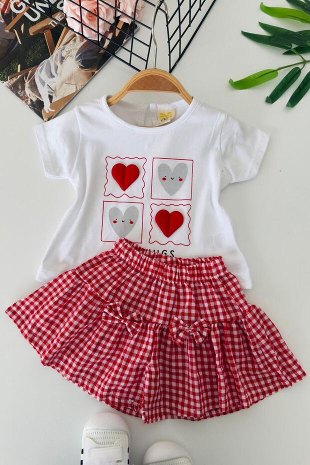 My Little Girl's Heart Detailed Gingham Shorts Baby Girl 2-Piece Set - Red
