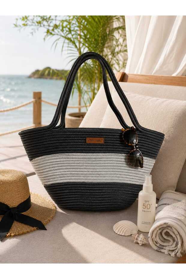 Beach Bag Jute Cord Handcrafted Gray Color Light Gray Thick Stripes