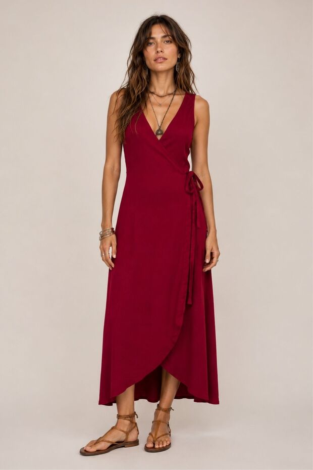 V-Neck Tie Detail Midi Dress Plain Burgundy