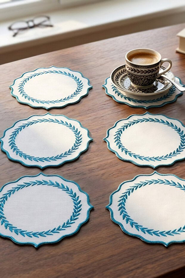 6 Pieces of Turquoise Blue Embroidered Dowry Napkins for Coffee and Cocktail Presentations