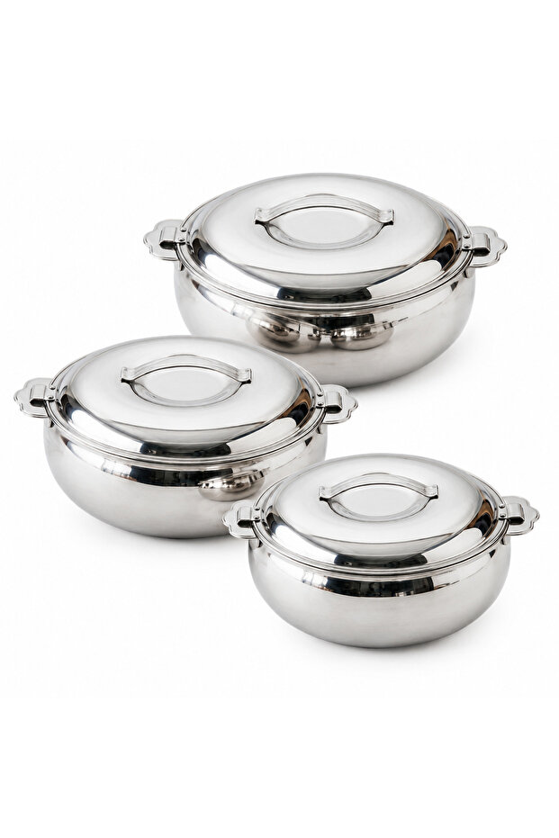 Crown Hotpot 3 Piece Set 1.5L/2.5L/3.5L | Stainless Steel Insulated Casserole Set | Steel Finish