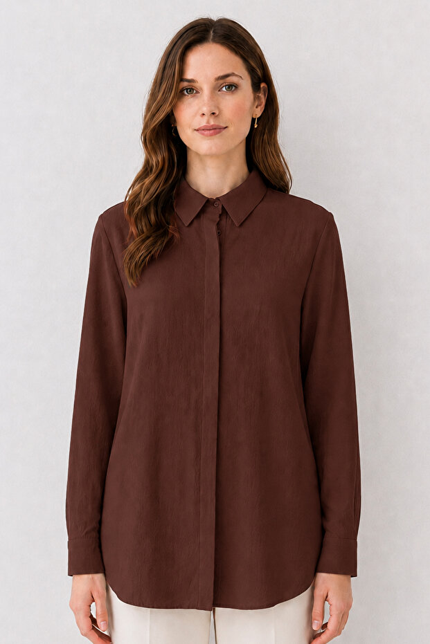 Shirt Collar Long Hijab Tunic B5945 Brown