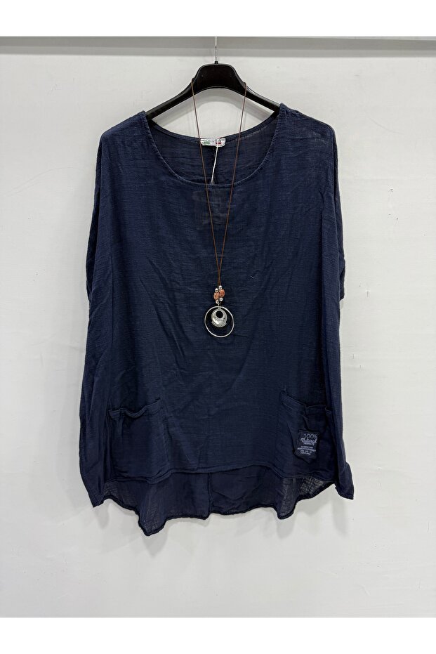 Navy Blue Italian Plus Size Asymmetrical Cut Long Blouse Tunic with Necklace 42 - 52 Size