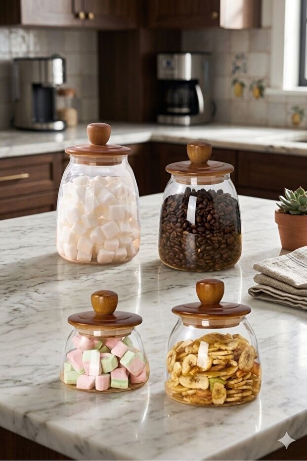 4-Piece Acacia Lid Herry Borosilicate Conical Glass Jar Set 500 -700-950 -1200Ml