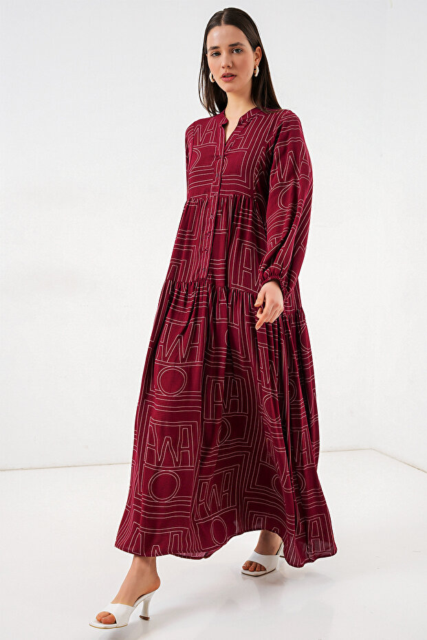 Women's Patterned Long Hijab Dress 1155 - B. Burgundy