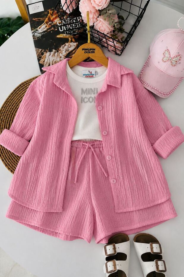My Little One's Sparkling Stones Shirt and Shorts Set for Girls - Pink
