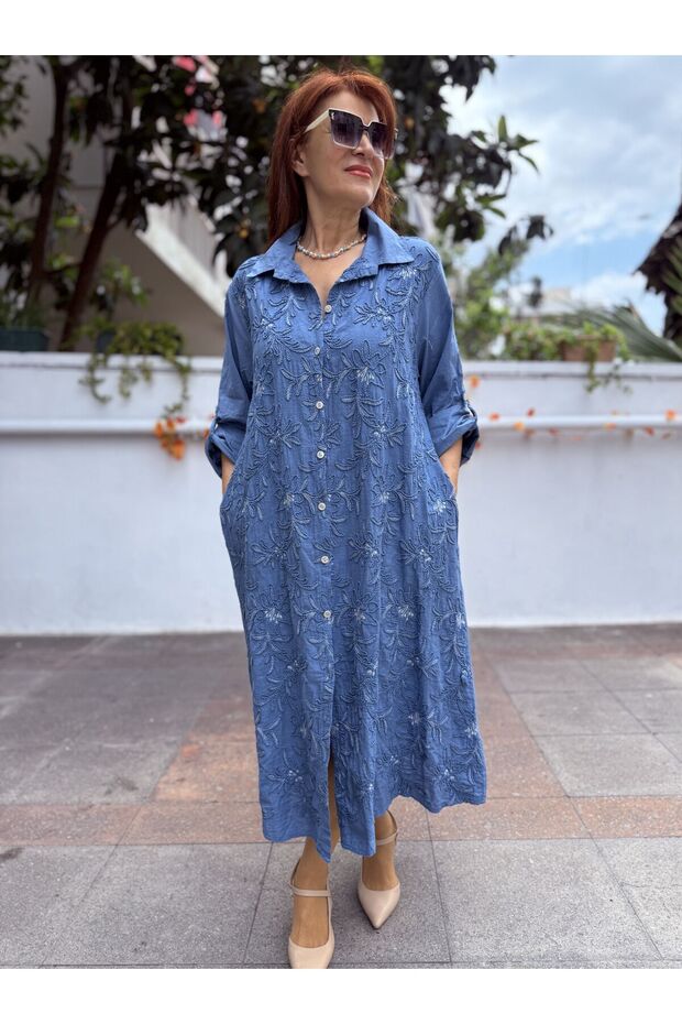 Italian Embossed Embroidered Long Dress Indigo Blue
