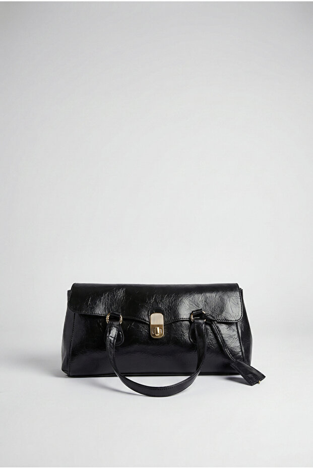 Women's Black Vintage Buckle Shiny Textured Faux Leather Rectangular Shoulder Bag 2682 Cnt0009