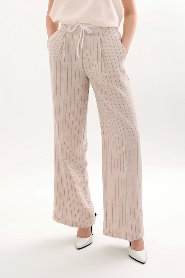 Women's Trousers Lace-Up Loose-Legged Trousers Lycra Wide-Legged Comfortable Pleated Trousers Stylish Cream Striped