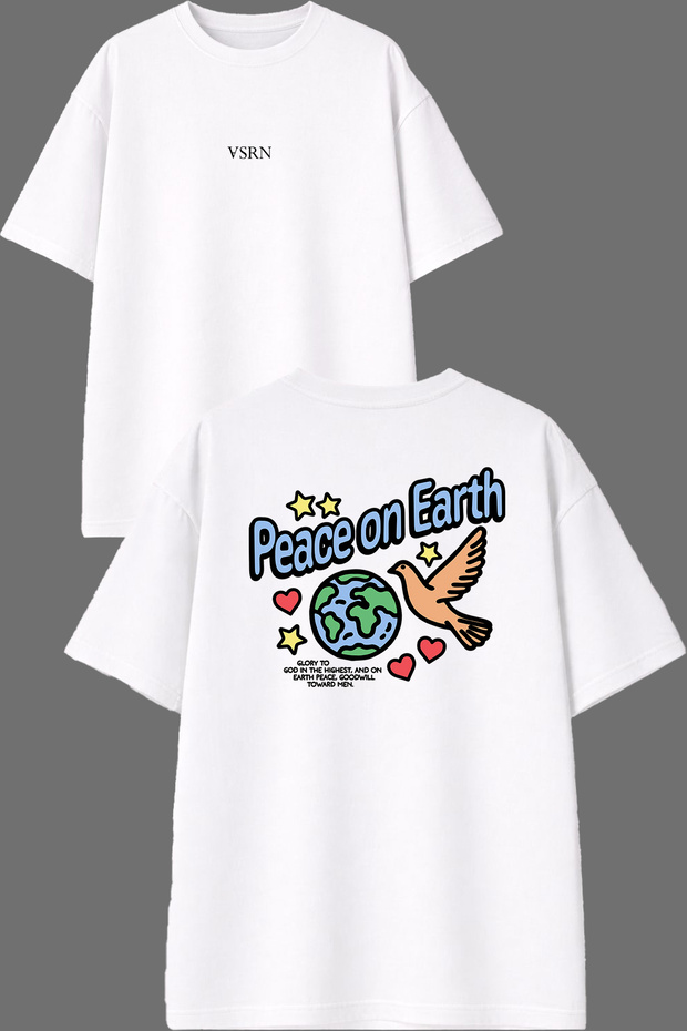 تي شيرت أبيض كبير الحجم بتصميم Peace On Earth مطبوع من الأمام والخلف