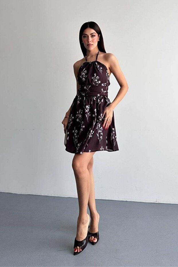Patterned Short Dress Brown