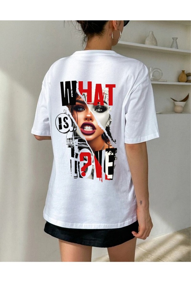 Unisex What Is Love Back Print White Oversize T-Shirt with Small Heart Pattern on the Front Summer Graphic Design Wide Cut T-Shirt