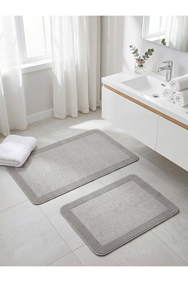 Sisal Vector Non-Slip Based Easy-To-Wipe 2-Piece Gray Bathroom Mat Set 60X100-50X60