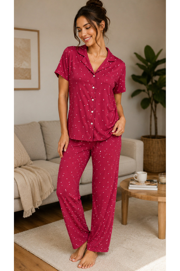 # Pajamaset Women's Short-Sleeved Buttoned Cotton Home Wear Set Comfortable Fit Buttoned Front-Opening Home Wear Stylish Quality Sleepwear Eid Casual Pajama Set