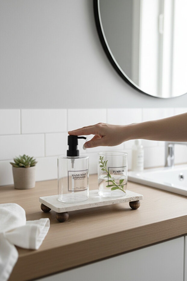 Travertine 23X12 cm Wooden Bead Footed Oil Dispenser and Liquid Soap Dispenser Stand