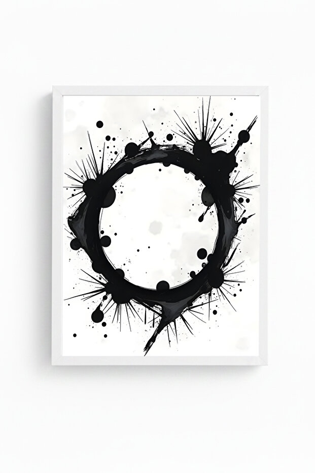 White Wooden Framed Abstract Black Patterned Painting - Modern | Huhu1190