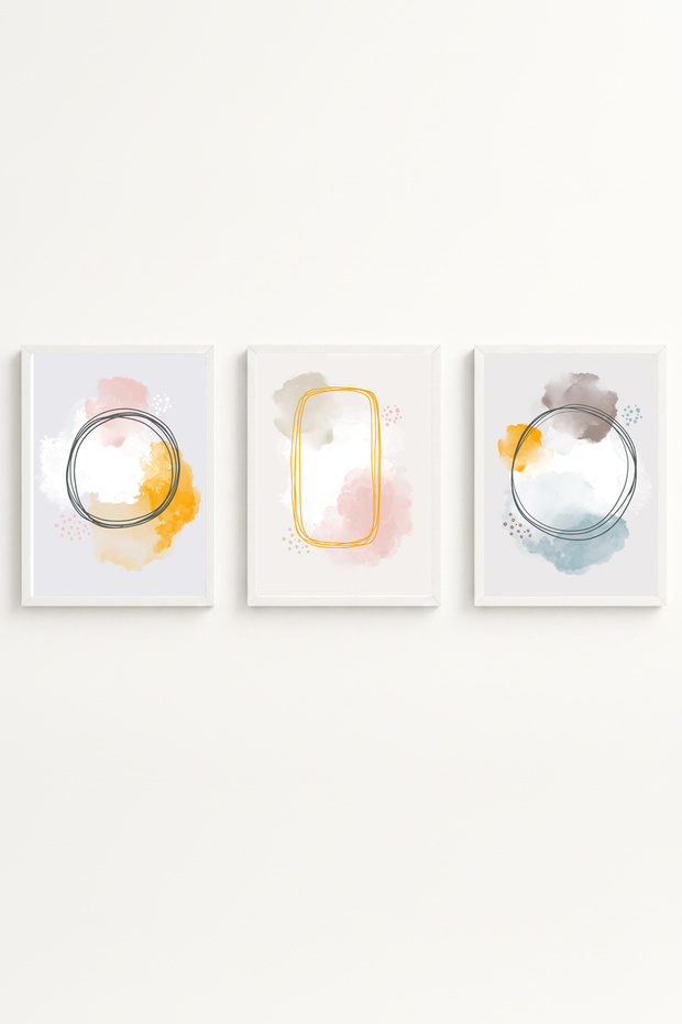 Set of 3 Paintings with White Wooden Frame Huhu125 - Triple Painting Set with White Frame