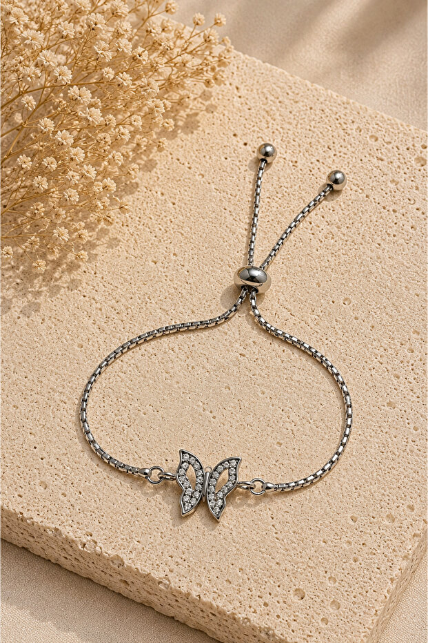 Women's White Color Zircon Stone Butterfly Adjustable Bracelet