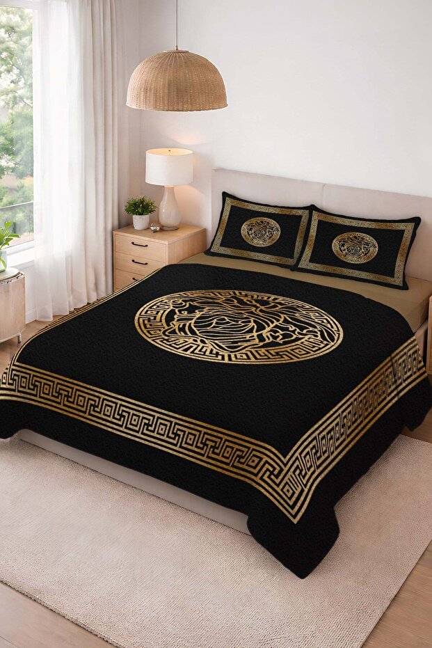 Shiny Velvet Fabric Quilted Double Bedspread Set (3 Pieces) Cky0001Rev