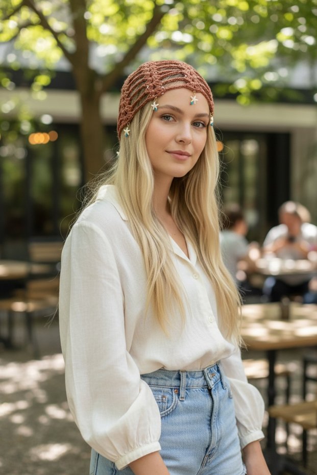 Knitted Bohemian Starfish Detailed Mesh Bandana, Beanie, Hat