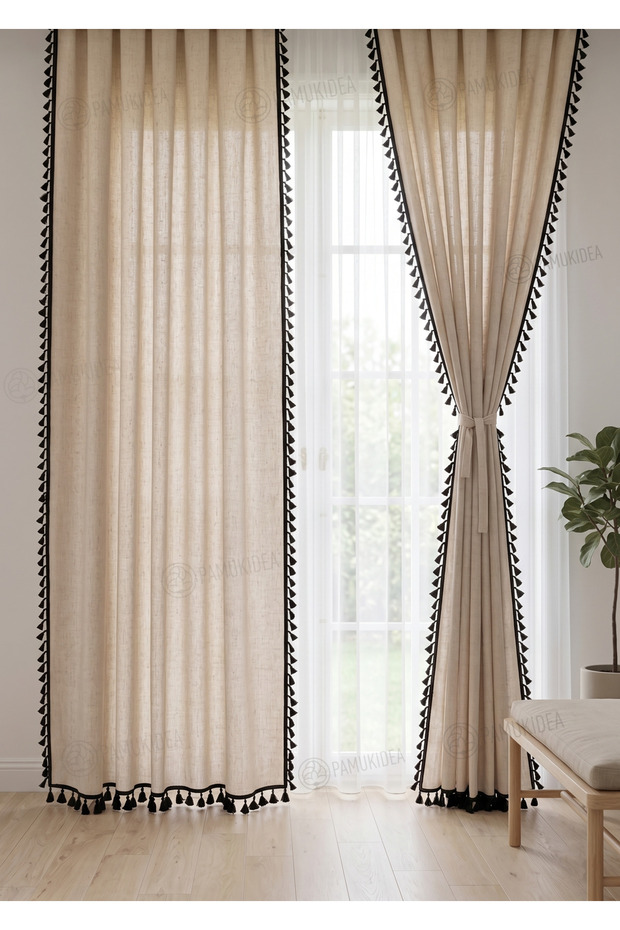 Black Pompom - Tasseled Buldan Linen 100% Cotton Natural Linen Curtain Sunshade and Background - Single Panel