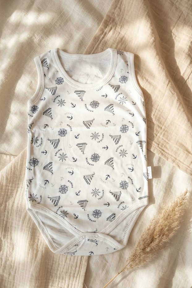 Baby Mariner Series Anchor and Sailboat Patterned 100% Cotton Sleeveless Bodysuit - Cream