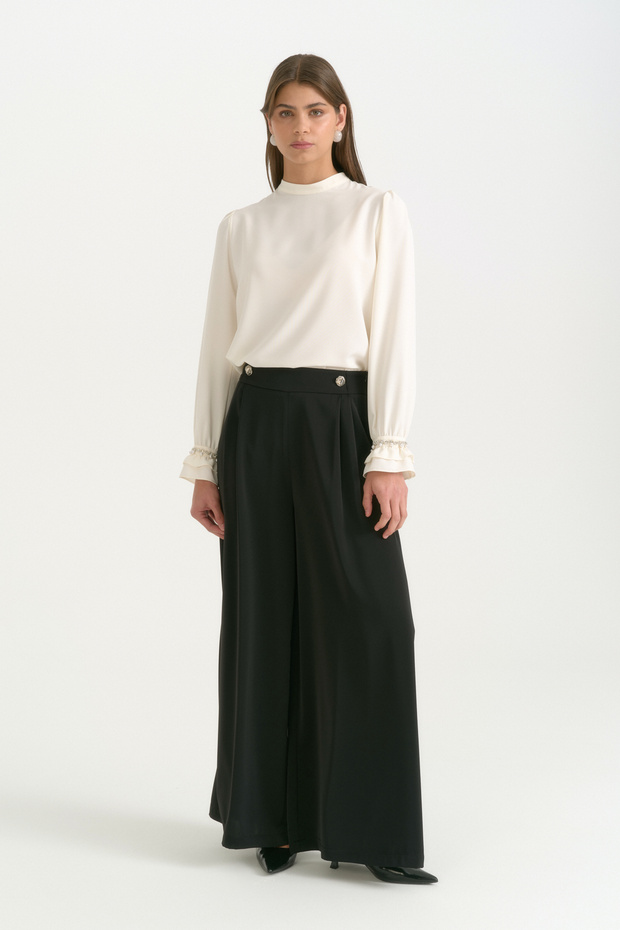Gold Buttoned Wide Leg Trousers with Pile Detail - Black