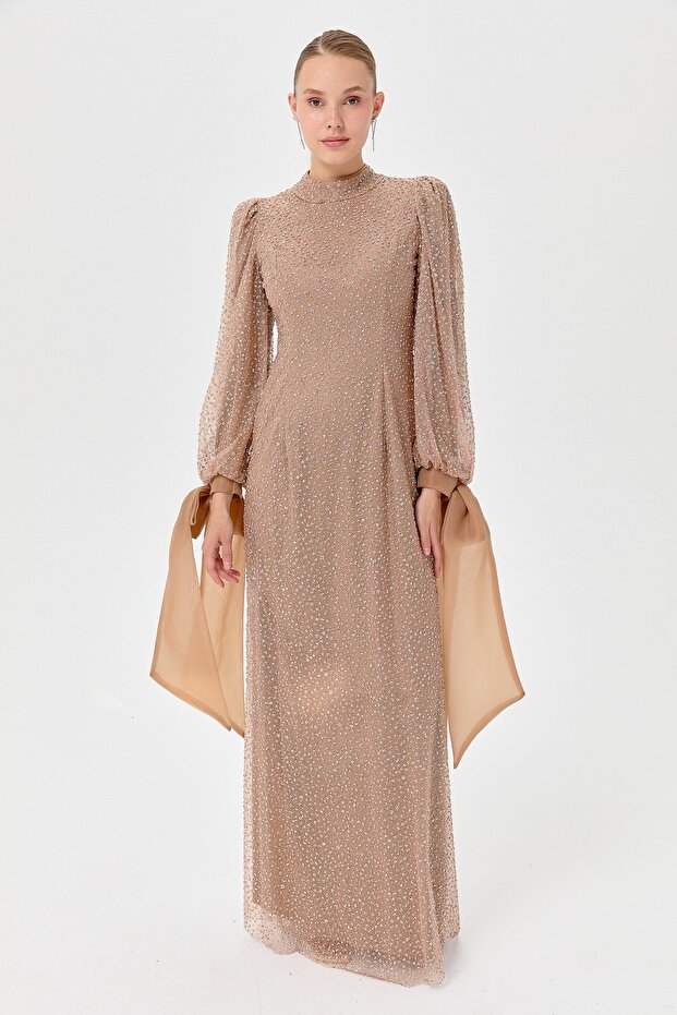 Stone-Embellished Balloon Sleeve Evening Dress - Gold