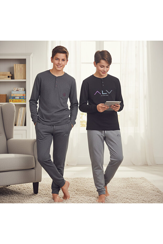Young Men's Cotton Collared Buttoned Pocketed Gift Set 2 Pieces 2-Piece Top and Bottom Pajama Set (Al007 V2, Al009