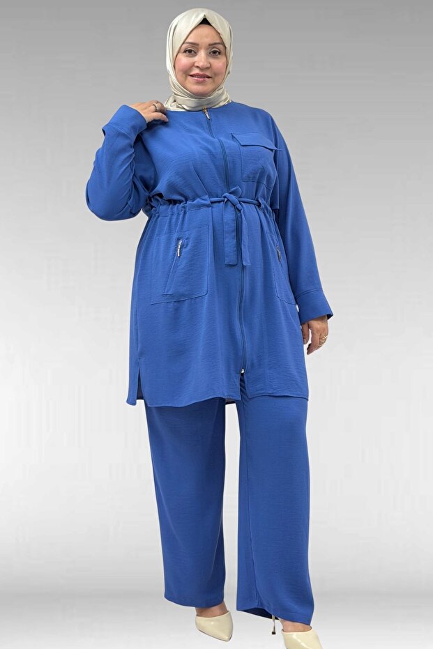 67046 Plus Size Zipper Detailed Airobin Pants Set - Indigo