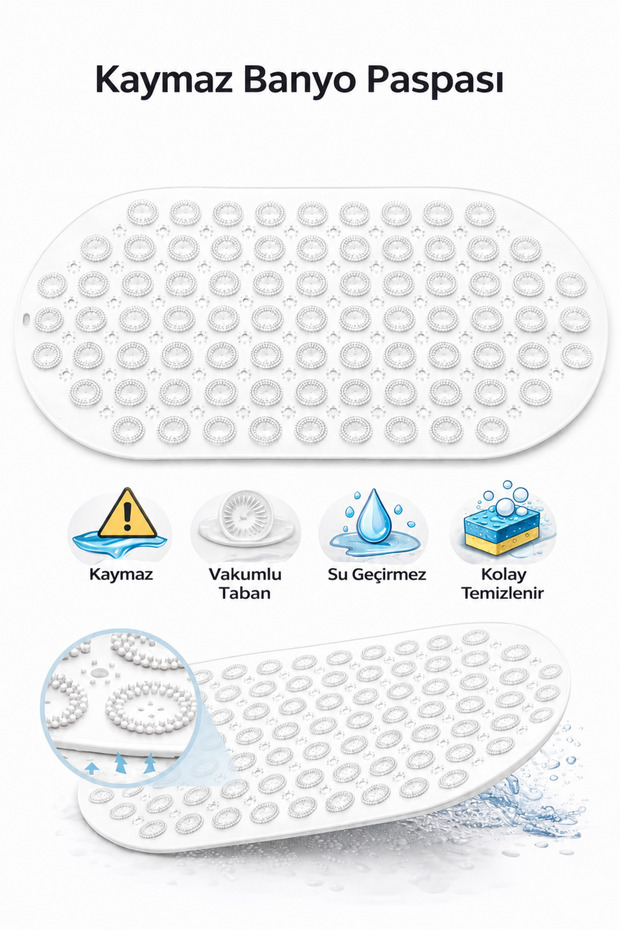 1 Piece Bathroom and Shower Vacuum Anti-Slip Foot Massage Mat with Suction Cups 70 X 36cm White Shower Mat