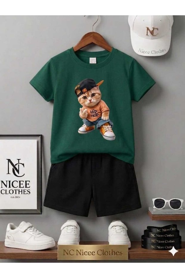 Summer Children's T-Shirt Shorts Unisex (Hip Hop Cat with Hat)