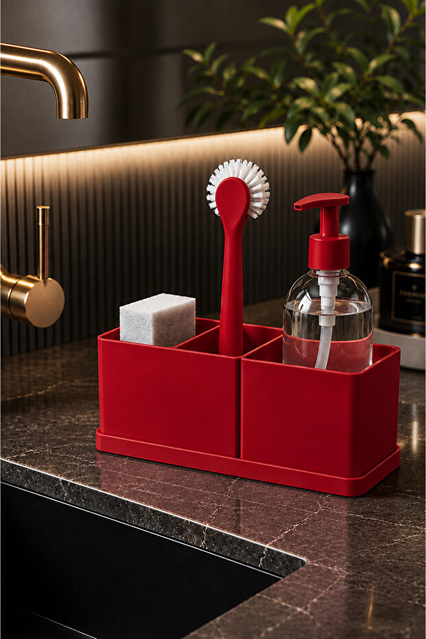 Kitchen Organizer | Dish Sponge, Liquid Soap Dispenser and Brush Holder Organizer Modern Countertop Organizer