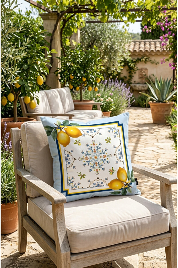 Amalfi Lemon Patterned Digital Printing Blue, Yellow, White Square Throw Pillow 43 X 43 cm Double-Sided Pillow Cover with Hidden Zipper