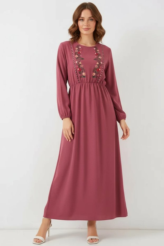 Women's Round Neck Gathered Waist Ruffled Hem Embroidered Dusty Rose Hijab Dress