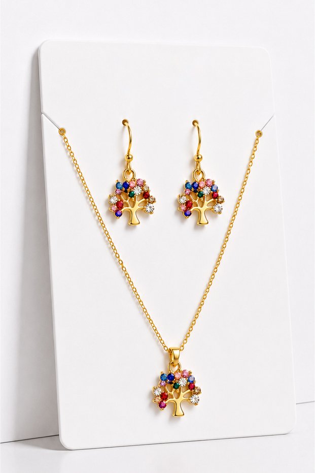 Gold Necklace and Earring Jewelry Set with Colorful Stone Butterfly and Tree of Life Figures – Stylish Accessory for Women