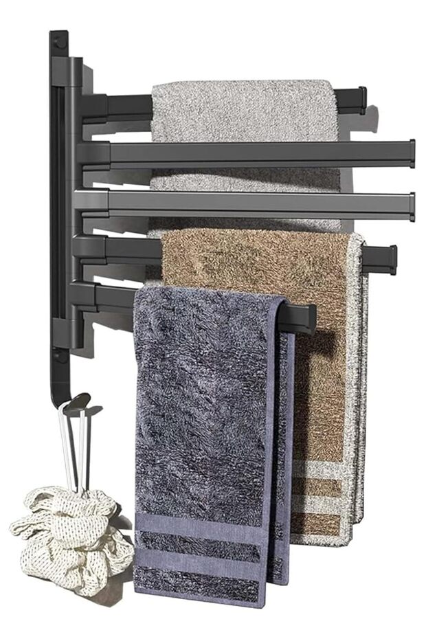 Swivel Towel Rack 5 Arm Towel Bar, Space Saving Wall Mounted 180° Towel Holder with Hook