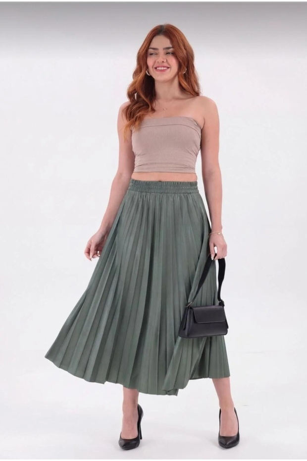 Pleated Midi Skirt High Waist Elastic Casual & Stylish Women's Skirt
